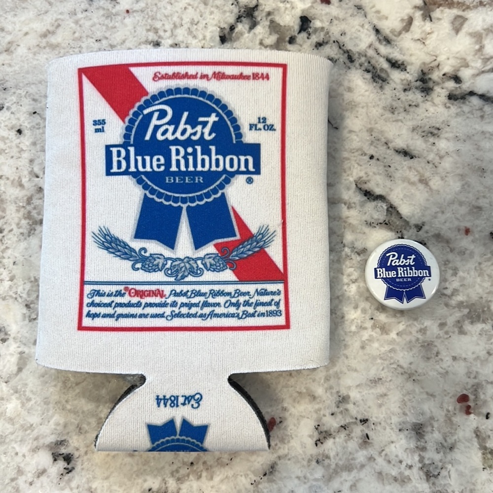 Pabst Blue Ribbon PBR Koozie and pin back button